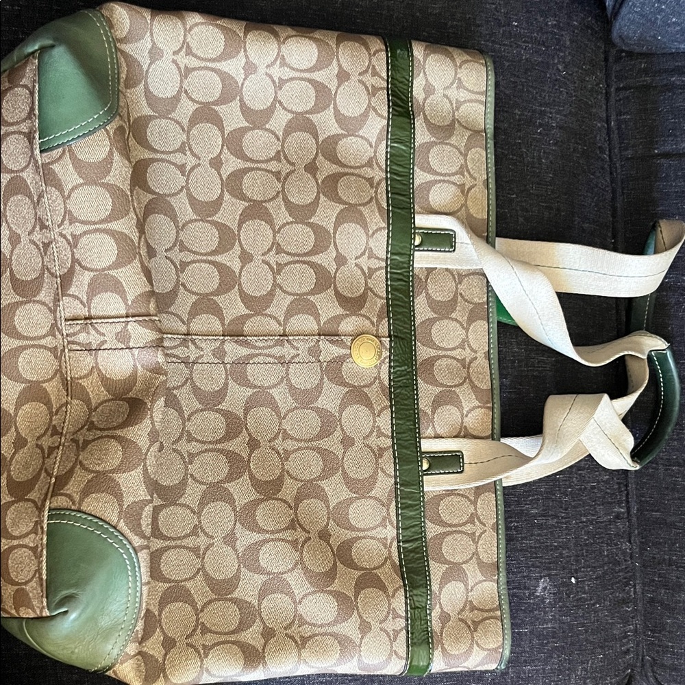 Coach Canvas Tote with Green Stripe and Tan Monogram - Picture 2 of 3
